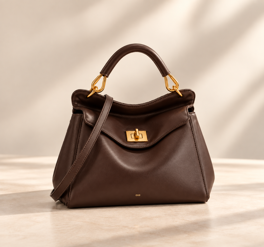 Sac en cuir lisse marron foncé, fermoir tourniquet doré, bandoulière fine, sur fond beige lumineux 2