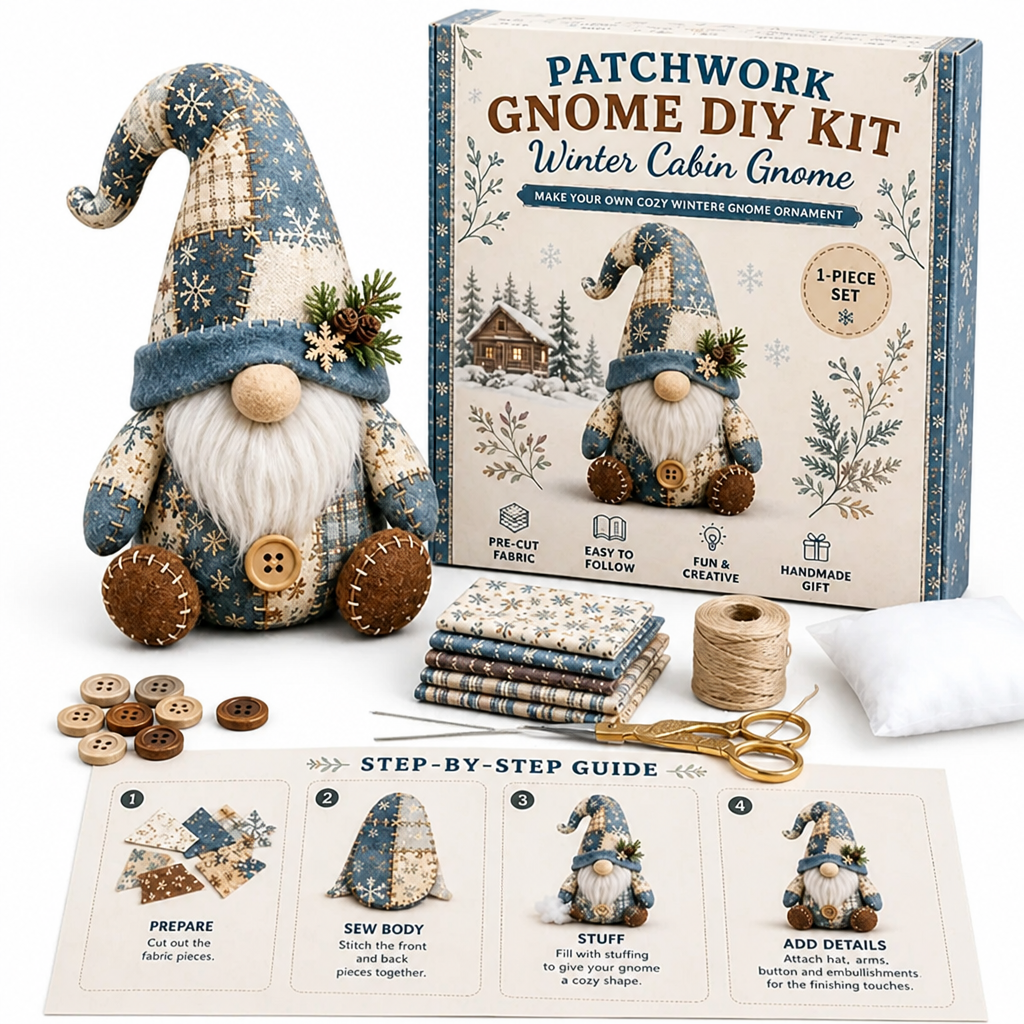 Nain patchwork bleu et crème d'hiver avec branche de pin, boîte du kit, tissus, boutons, ciseaux et guide 11