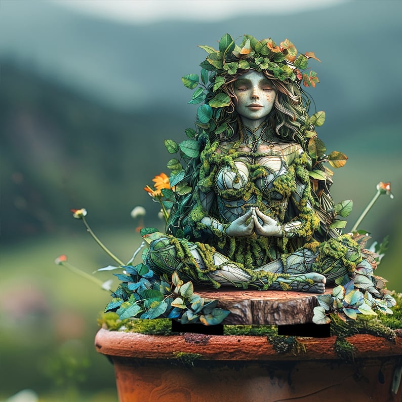 Tuteur de la déesse de la nature en méditation, planté dans un pot en terre cuite avec des fleurs orange, fond de collines floues. 20