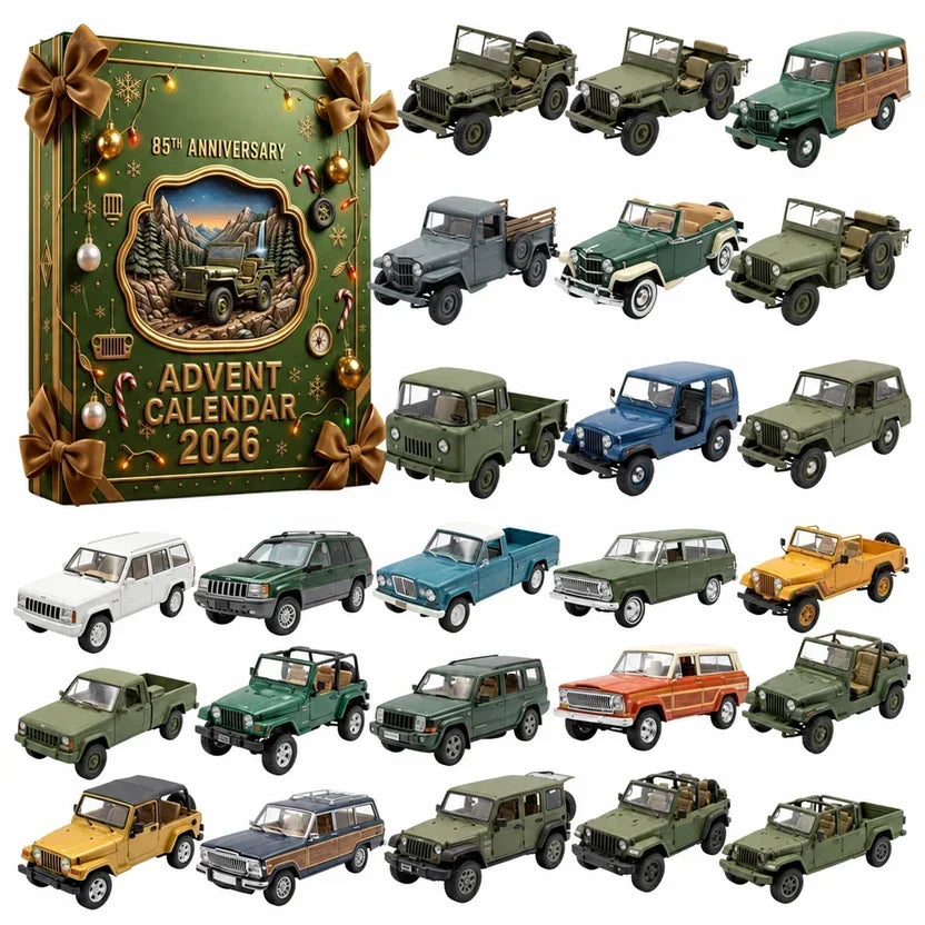 Coffret vert à nœuds dorés présentant vingt-quatre jeeps miniatures: modèles militaires, pick-up, breaks et voitures 8