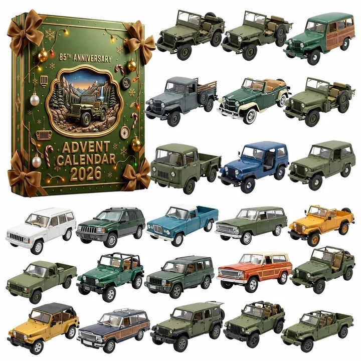 Coffret vert à nœuds dorés présentant vingt-quatre jeeps miniatures: modèles militaires, pick-up, breaks et voitures 8