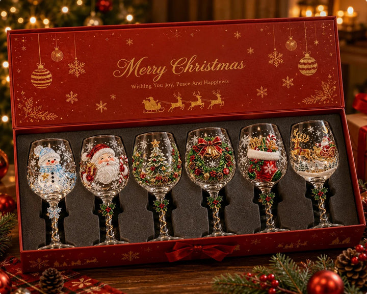 Coffret cadeau rouge ouvert présentant les six verres à pied décorés, chacun avec son motif de Noël 7