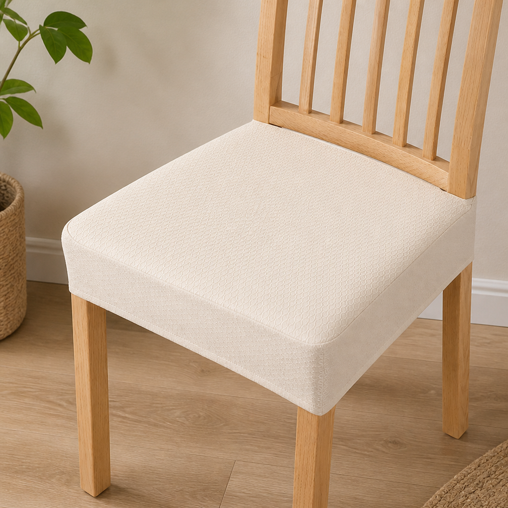Housse d'assise crème Ă  motif losangĂ© en relief, ajustĂ©e sur une chaise en bois clair Ă  barreaux. 8