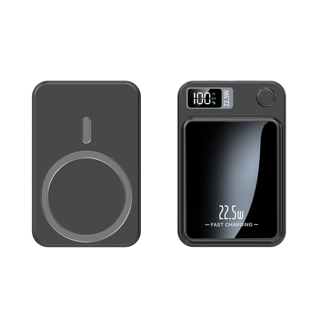 Face magnétique en cercle et face écran miroir avec affichage numérique, chargeur portable noir vu de dos et de face. 1