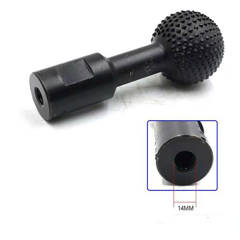 Outil noir vu de côté, avec un médaillon montrant le taraudage de 14 mm 5
