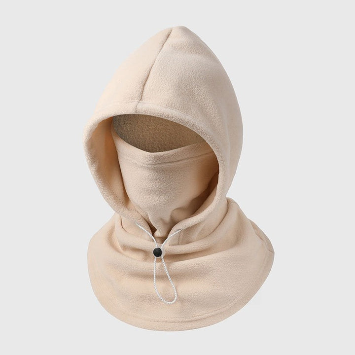 Cagoule en polaire beige vue de face, avec cordon de serrage blanc et stoppeur noir 9