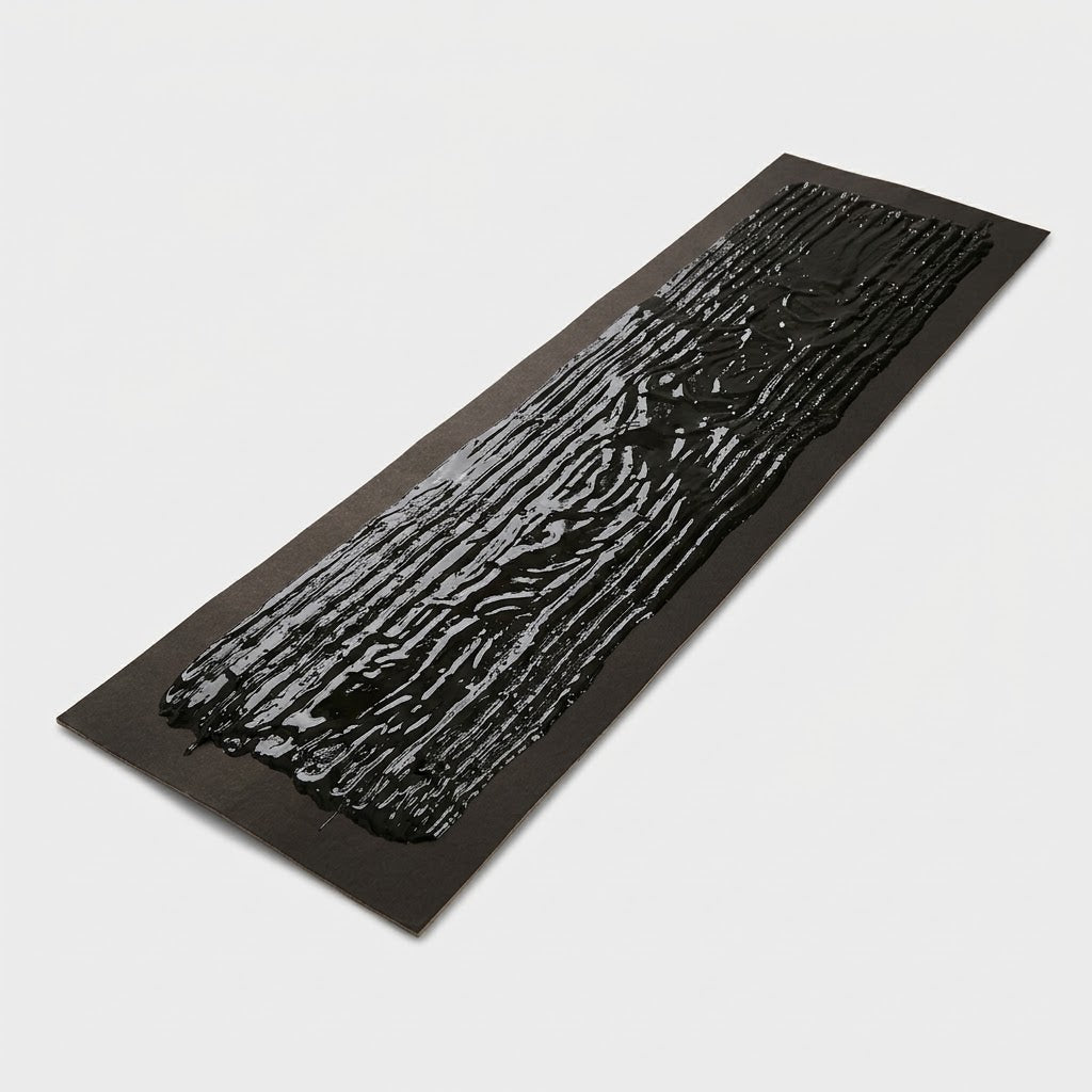 Plaque rectangulaire en carton noir enduite de colle brillante, vue en biais sur fond blanc 6