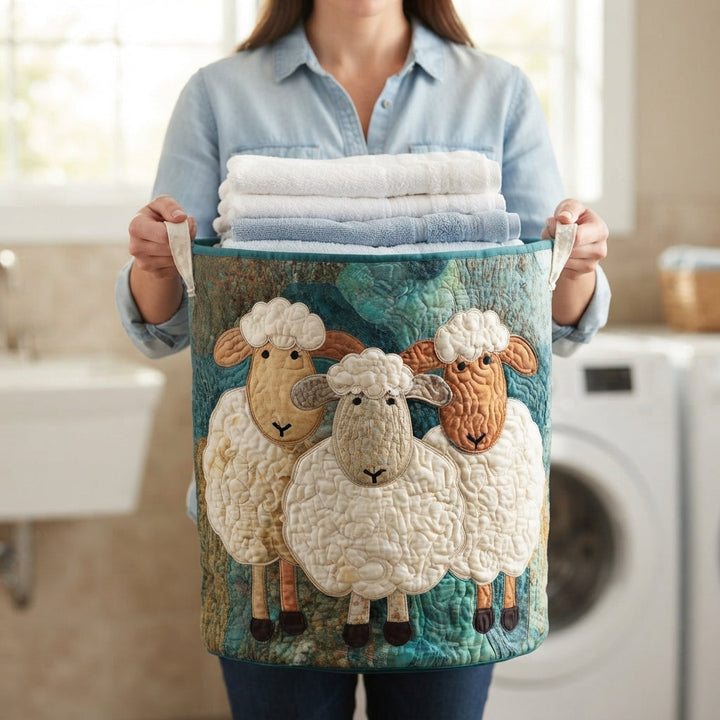 Une personne porte le panier par ses deux poignées en toile, rempli de serviettes pliées, dans une buanderie. 3