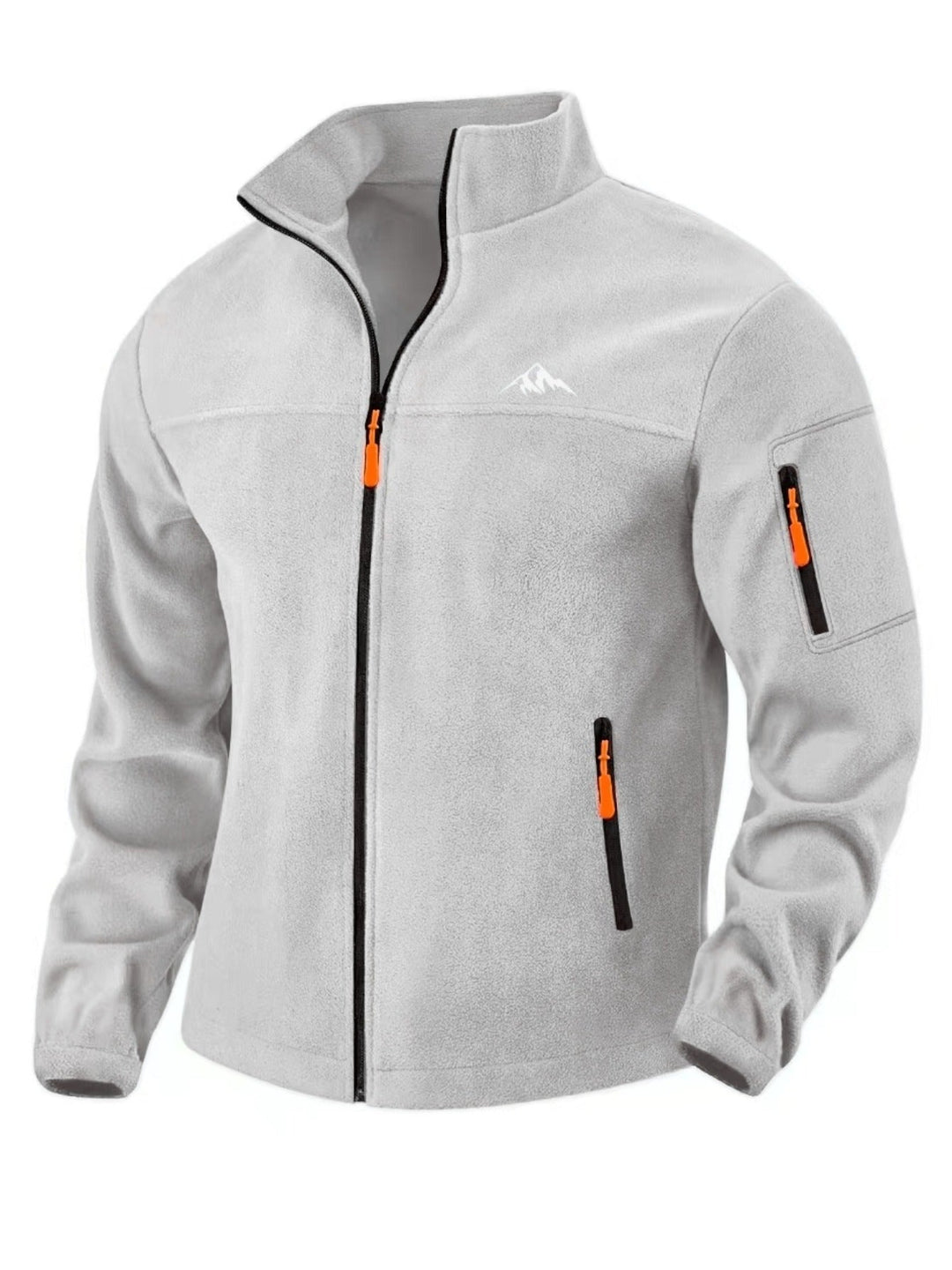 Vue de face en trois quarts de la veste polaire gris clair, zip noir et tirettes orange 4