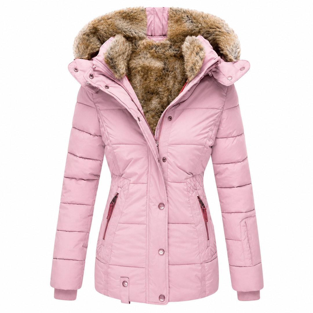 Parka matelassée rose clair sur fond blanc, capuche en fausse fourrure et manches à poignets côtelés 7
