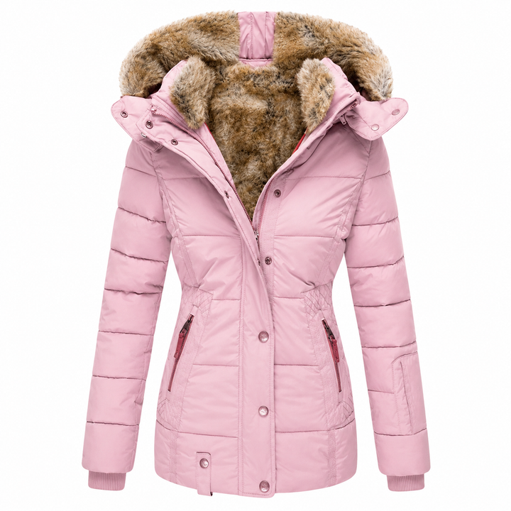 Parka matelassée rose clair sur fond blanc, capuche en fausse fourrure et manches à poignets côtelés 7