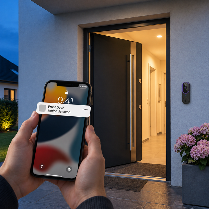 Mains tenant un smartphone qui affiche une alerte de mouvement, sonnette fixée près d'une porte ouverte au crépuscule 1