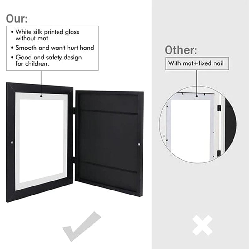 Schéma comparatif d'un cadre noir ouvert, face vitrée sans passe-partout, fond noir rembourré, comparé à un autre modèle. 8