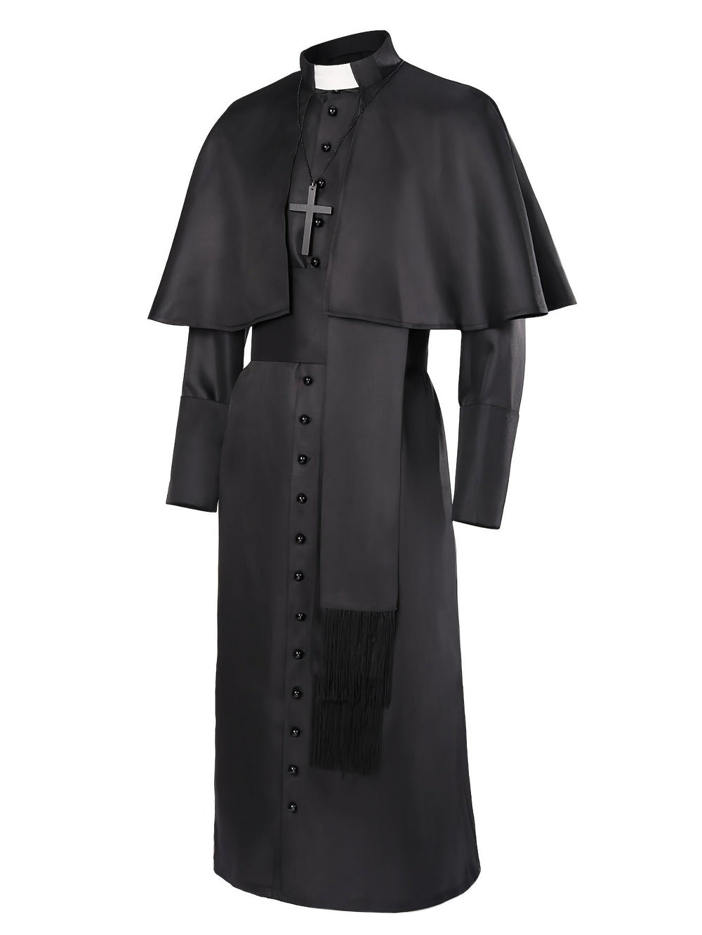 Costume noir vu de trois quarts, avec cape, col blanc, croix, ceinture à franges et robe boutonnée 2