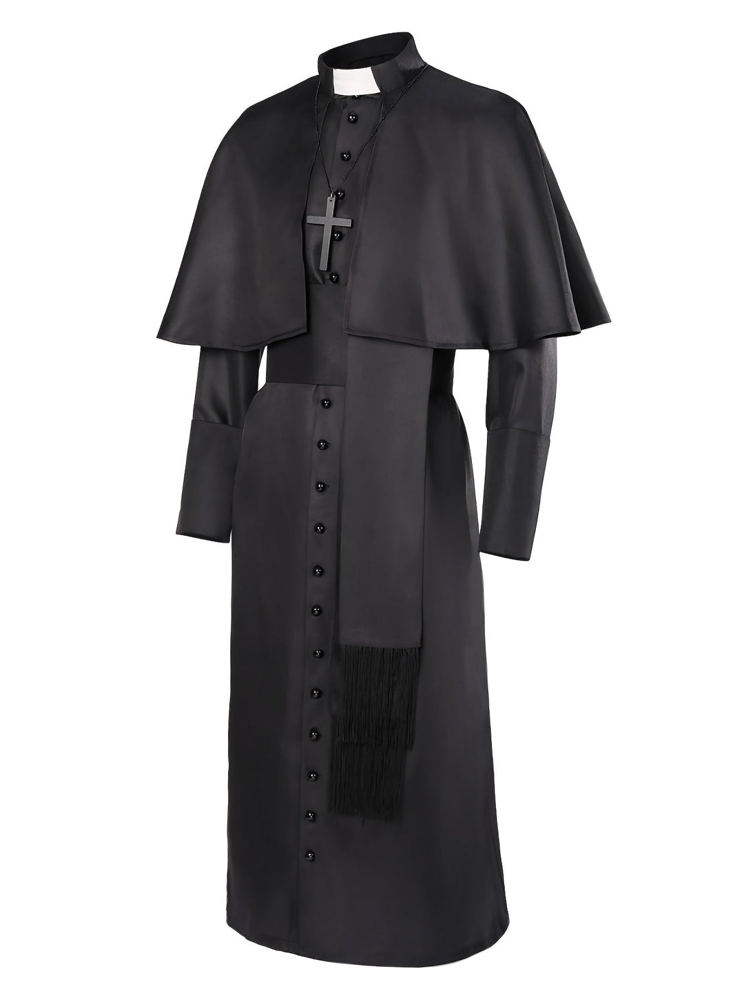 Costume noir vu de trois quarts, avec cape, col blanc, croix, ceinture à franges et robe boutonnée 2