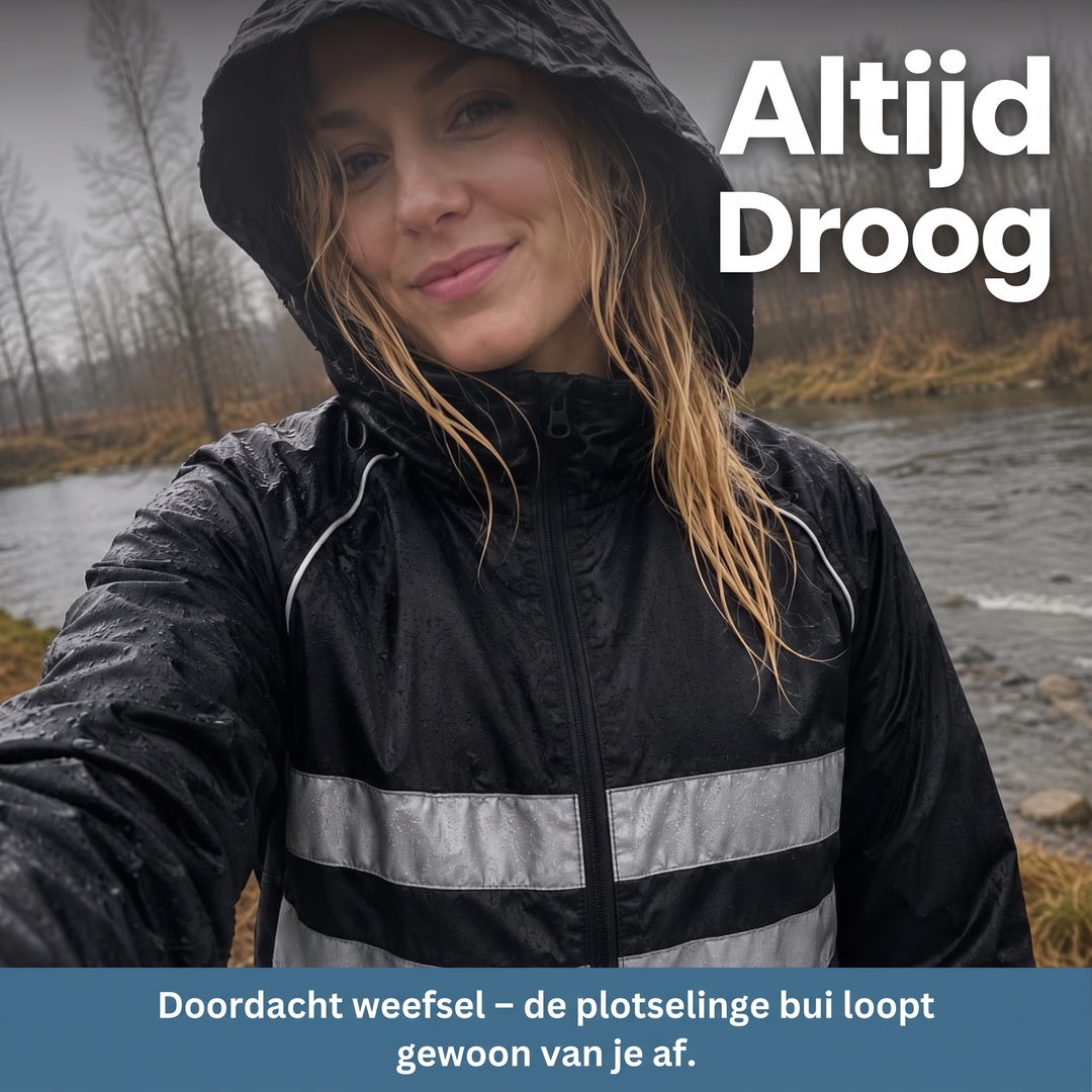Femme sous la pluie au bord d'une rivière, portant la veste noire à capuche, tissu couvert de gouttes. 8