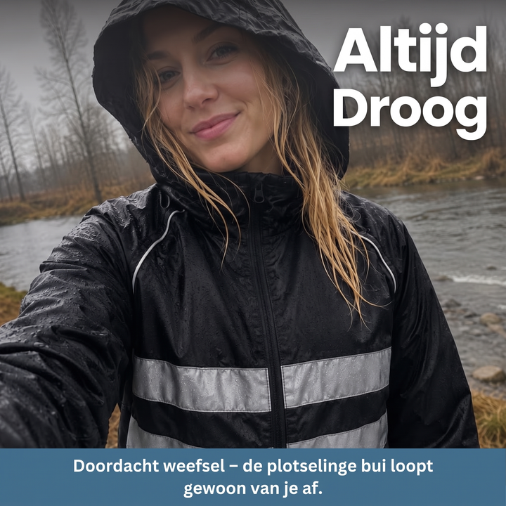 Femme sous la pluie au bord d'une rivière, portant la veste noire à capuche, tissu couvert de gouttes. 8
