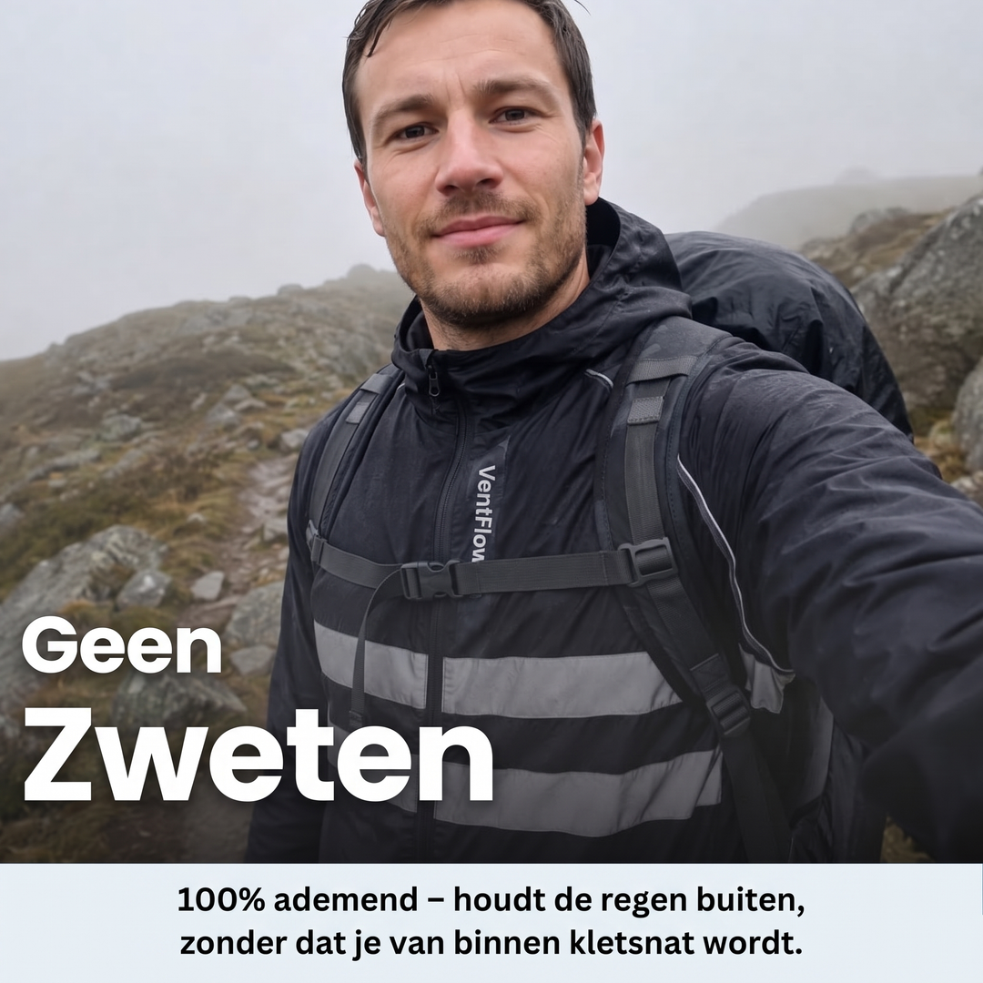 Randonneur en selfie sur un sentier rocheux dans la brume, veste noire à bandes réfléchissantes et sac à dos. 9