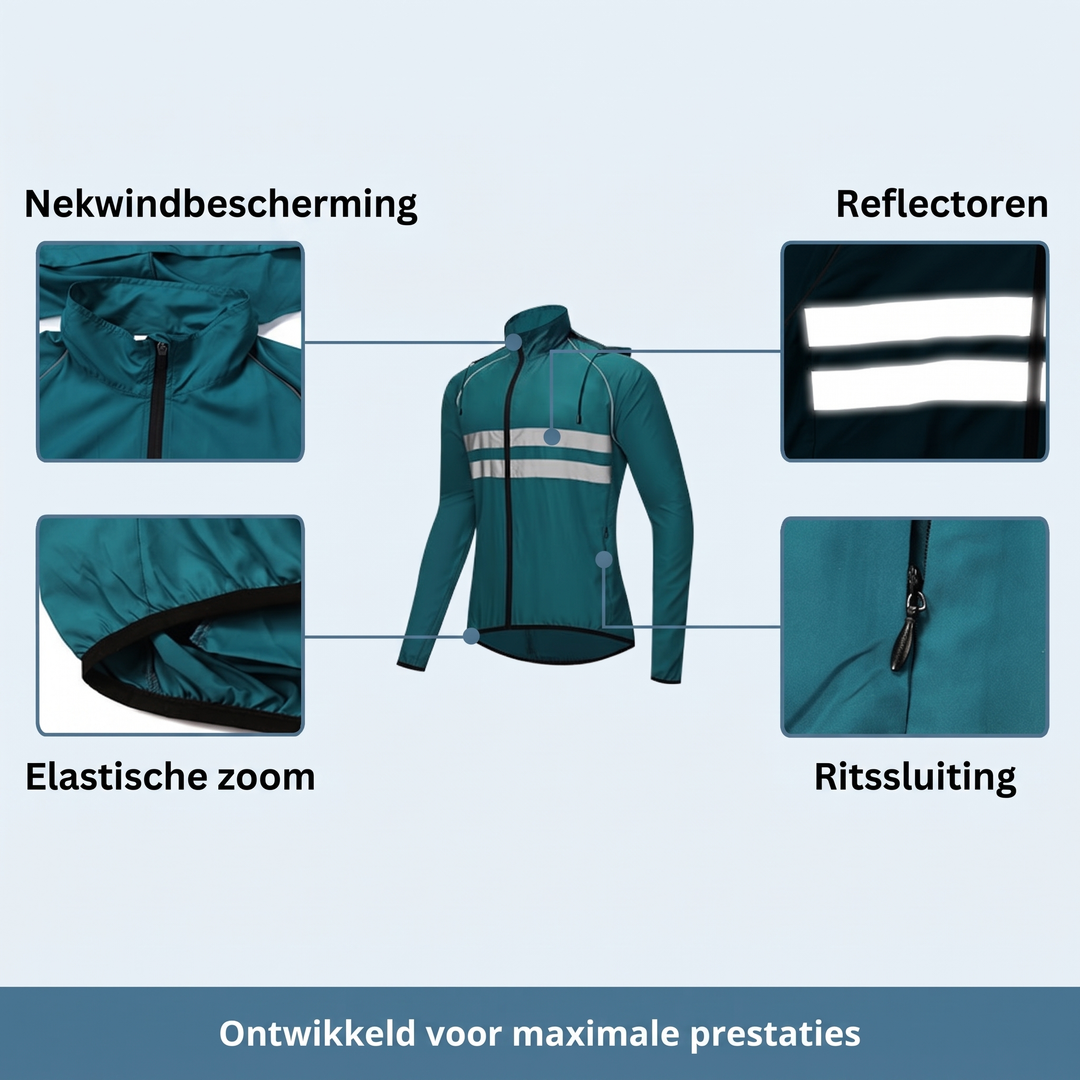 Veste turquoise de face avec quatre gros plans: col coupe-vent, bandes réfléchissantes, bas élastique et zip de poche. 11