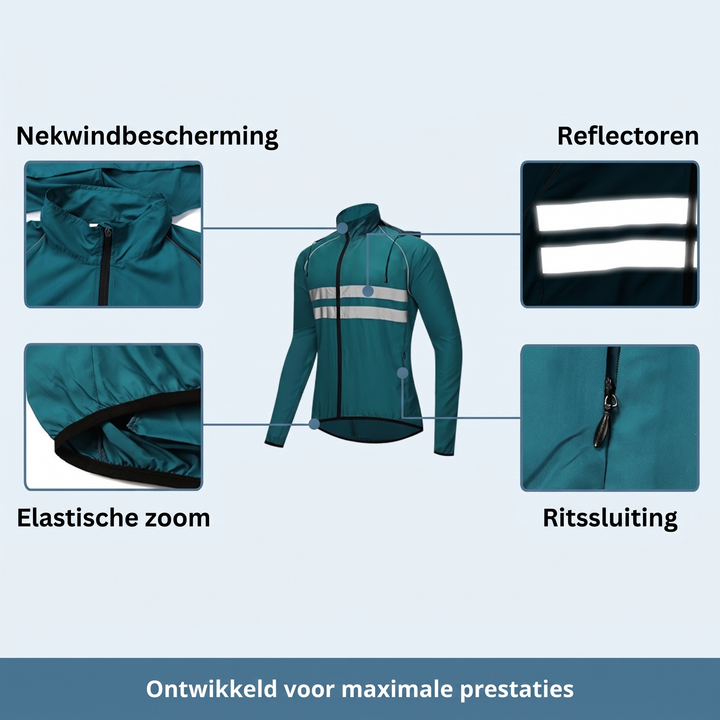 Veste turquoise de face avec quatre gros plans: col coupe-vent, bandes réfléchissantes, bas élastique et zip de poche. 11