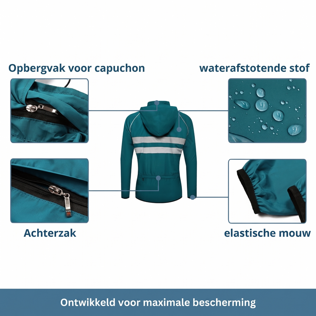 Dos de la veste turquoise à capuche avec gros plans: poche capuche, poche dorsale zippée, tissu déperlant, poignet élastique. 12