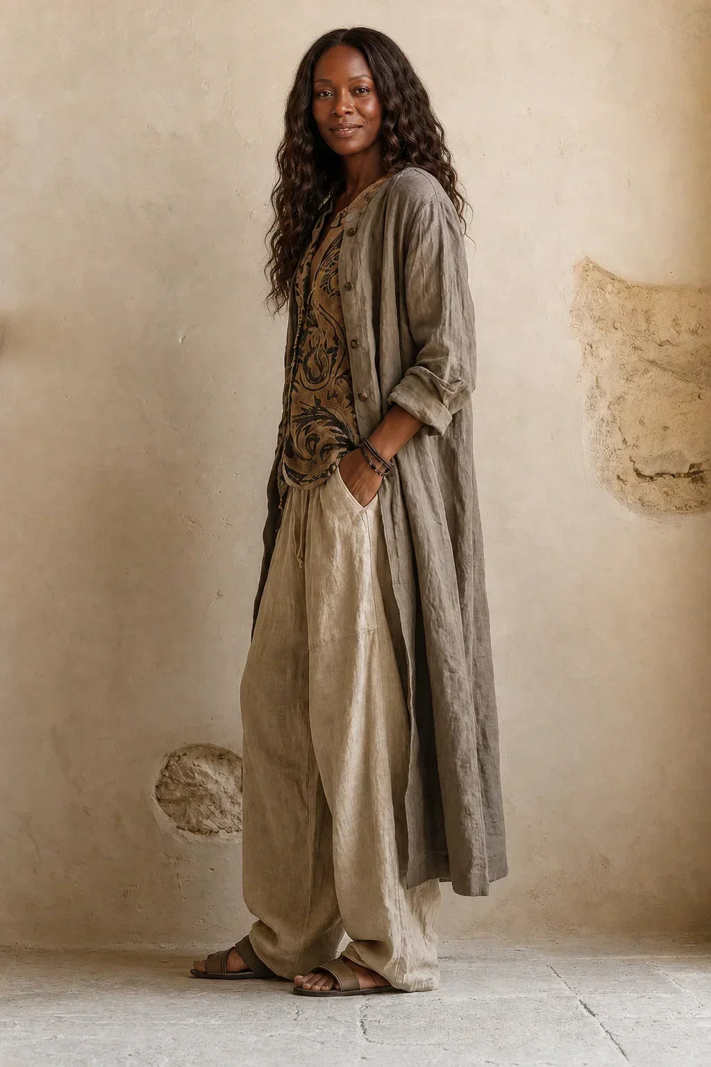 Femme de profil, cardigan long aux manches retroussées sur le haut imprimé et le pantalon ample, main dans la poche, sandales plates. 4