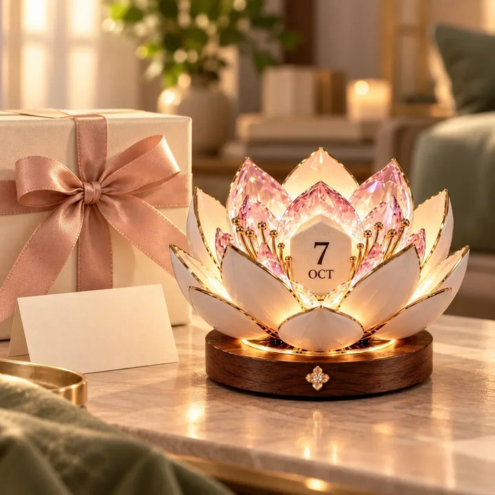 Fleur lumineuse sur une table à côté d'un paquet cadeau blanc noué d'un ruban rose 9