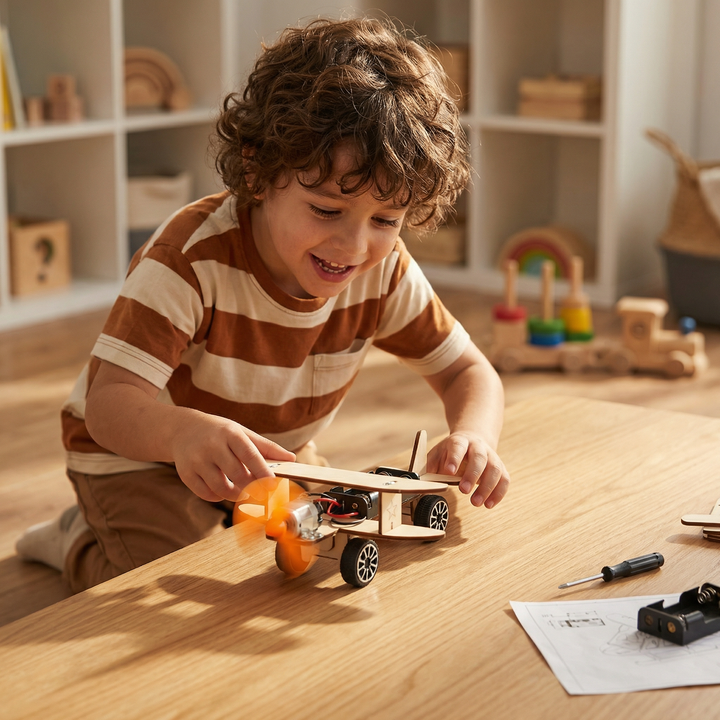 Enfant rieur posant la main sur un avion biplan en bois à moteur, dont l'hélice orange tourne, sur une table. 5