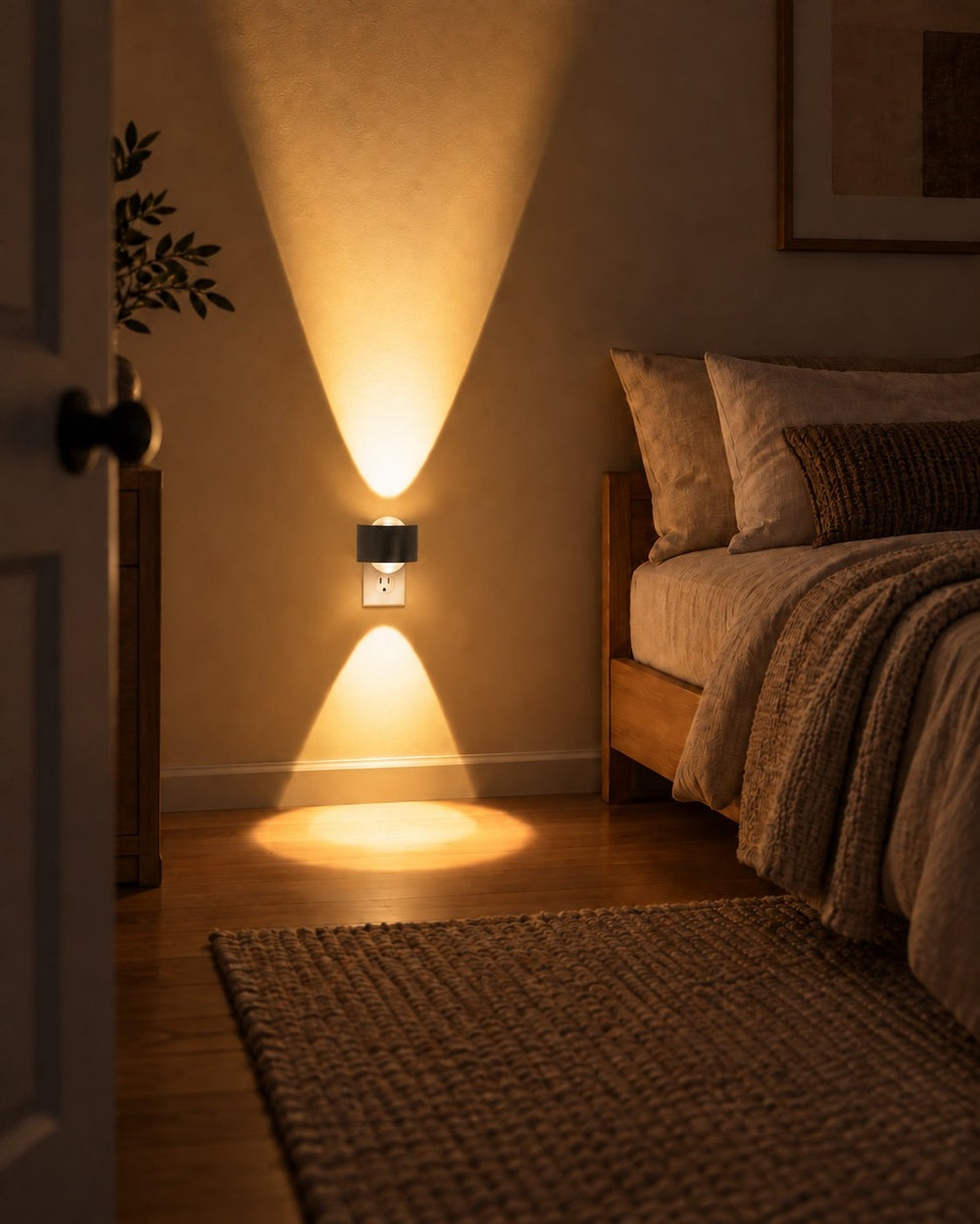 Lampe noire dans une chambre, éclairant le mur vers le haut et le bas près du lit 2