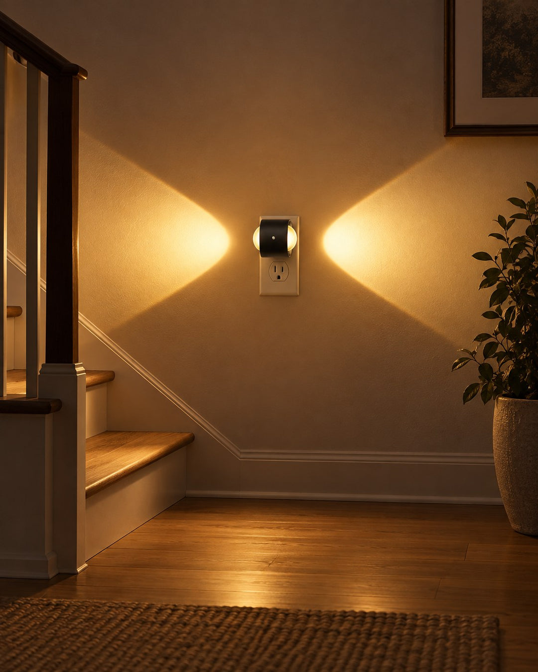 Lampe dont les faisceaux sont orientés vers la gauche et la droite, près d'un escalier 3