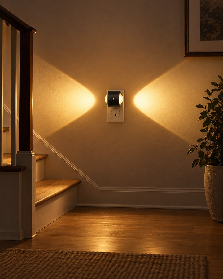 Lampe dont les faisceaux sont orientés vers la gauche et la droite, près d'un escalier 3