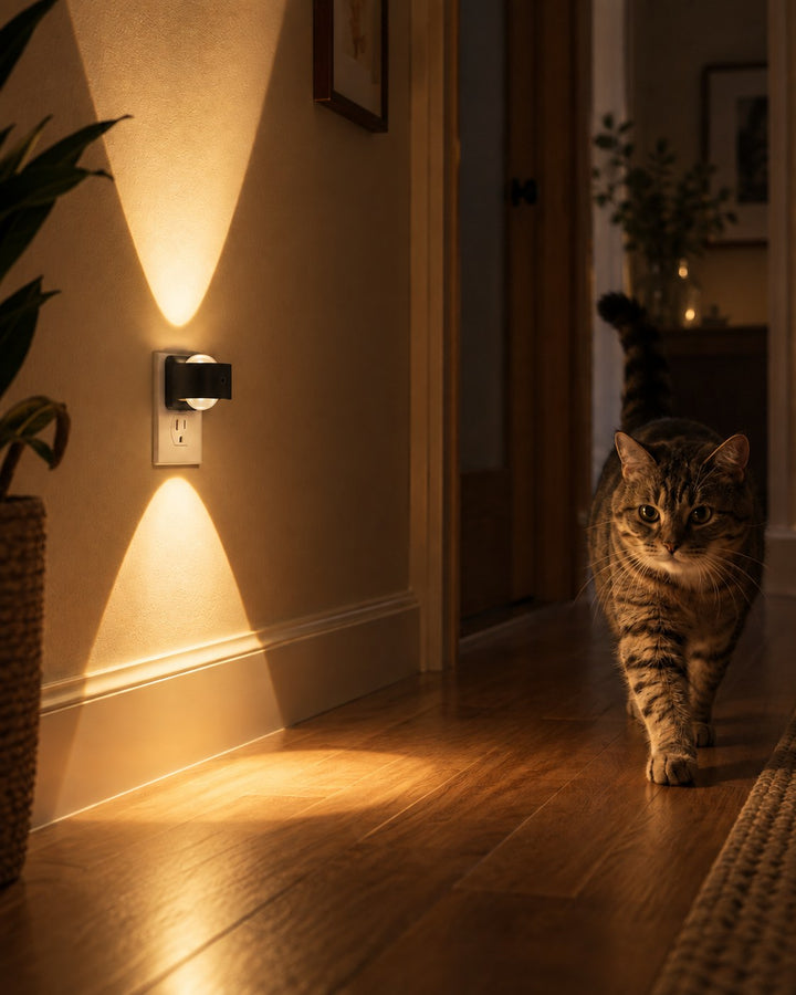Lampe dans un couloir en bois dont la lumière guide un chat qui marche 4