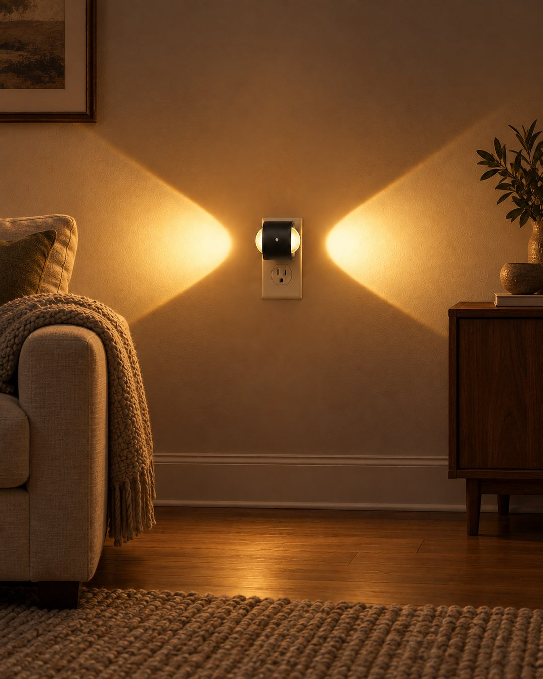 Lampe noire sur une prise dans un salon, faisceaux dirigés horizontalement de chaque côté 8
