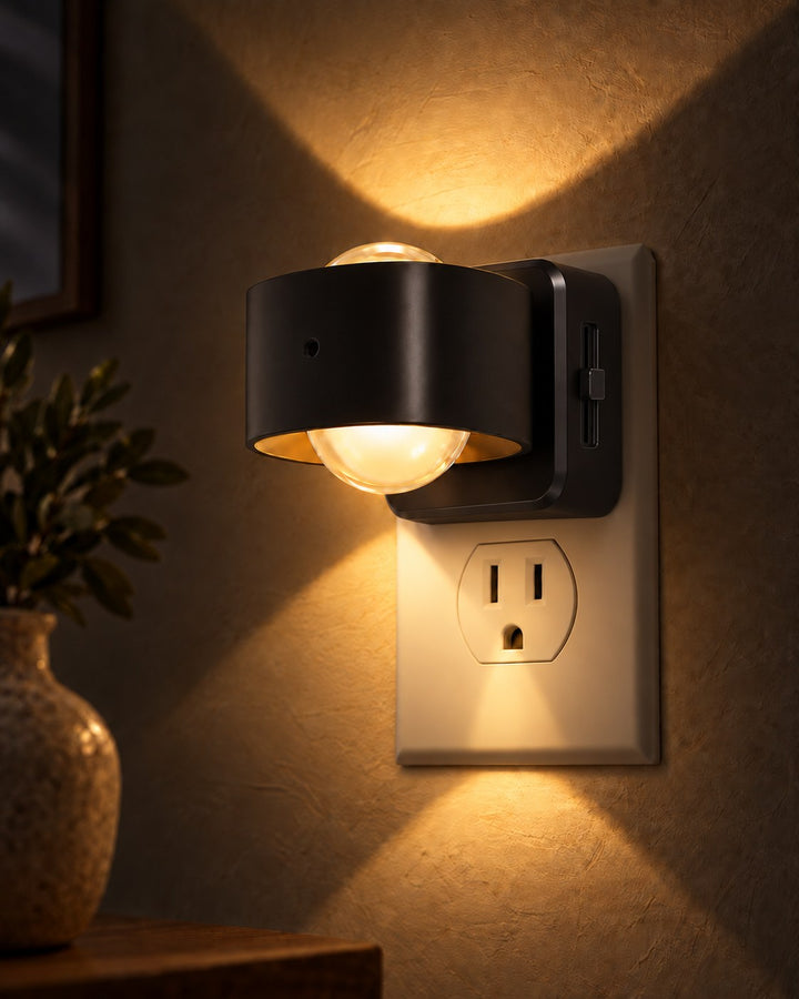 Gros plan de la lampe noire branchée sur une prise, avec curseur latéral et faisceaux haut et bas 1