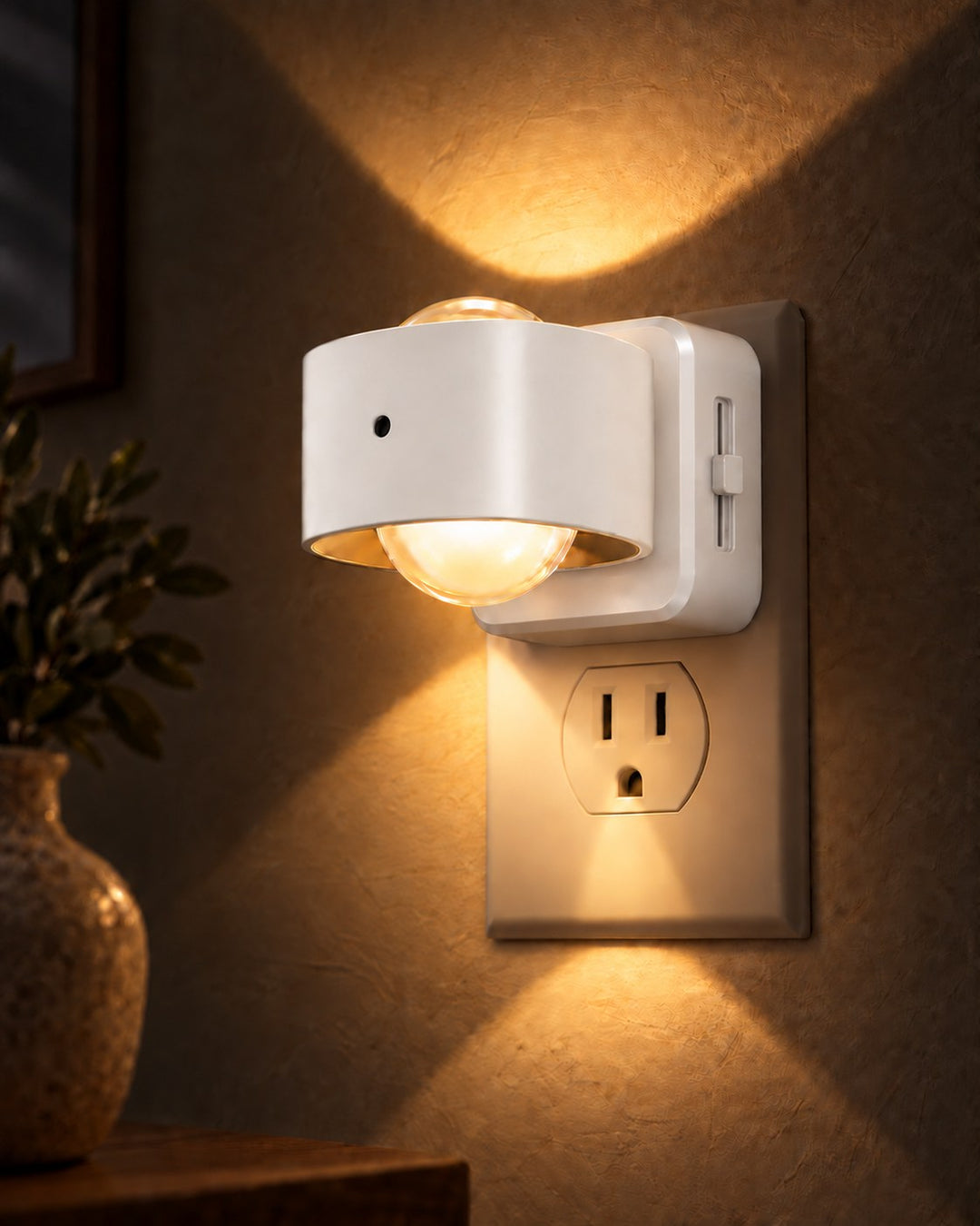 Gros plan de la version blanche de la lampe, allumée sur une prise, avec curseur latéral 9