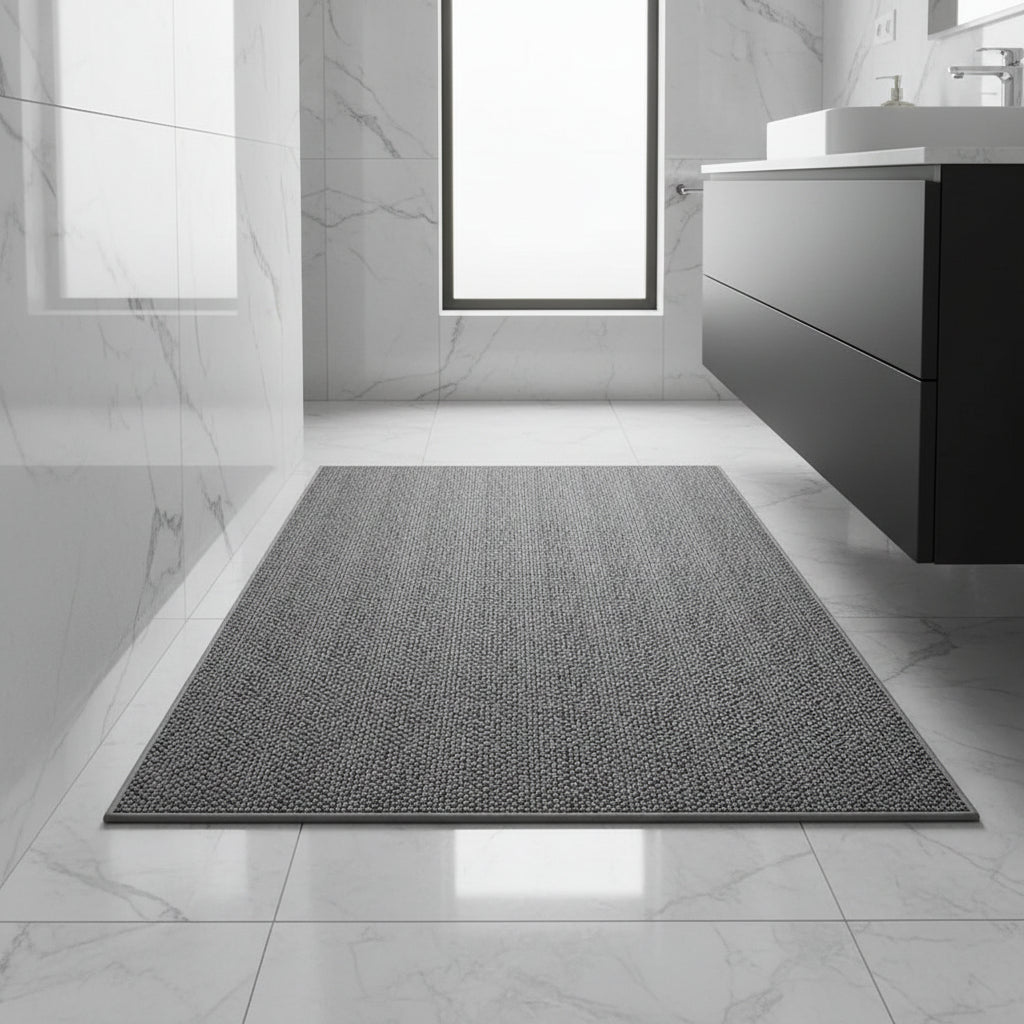 Tapis gris à surface bouclée posé sur le carrelage en marbre d'une salle de bain moderne 1