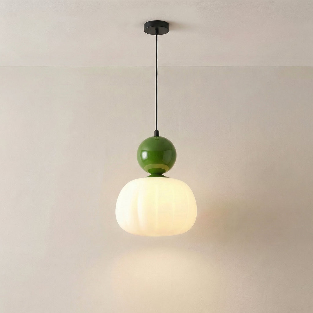 Suspension à une tête allumée, boule vert foncé brillante et globe cannelé blanc, accrochée au plafond 5