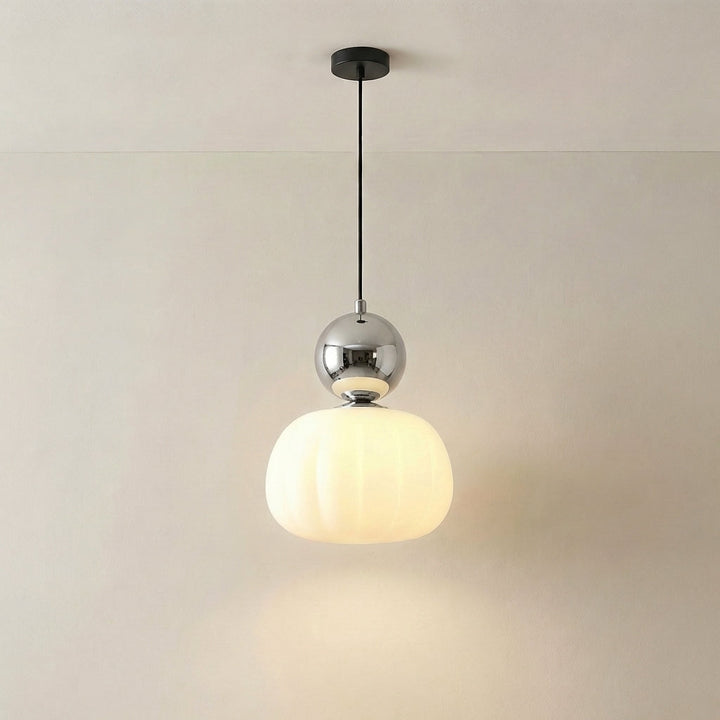 Suspension à une tête allumée, boule chromée miroir et globe cannelé blanc lumineux 6