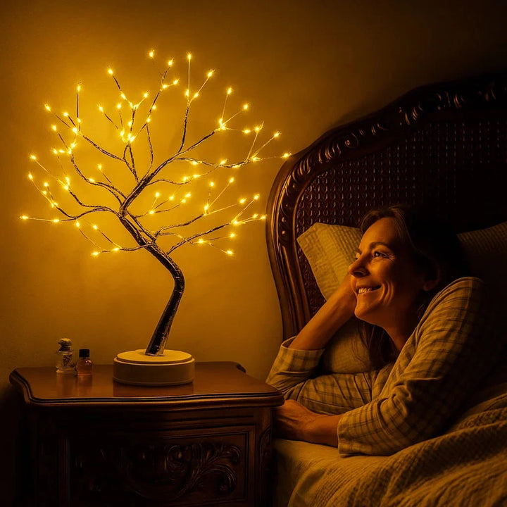 Lampe arbre allumée sur une table de chevet en bois, avec une femme souriante allongée dans son lit 1