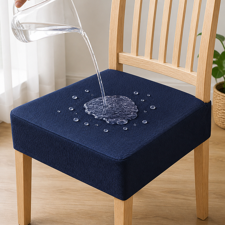 Eau versĂ©e d'une carafe sur une housse d'assise bleu marine, formant des gouttes perlant Ă  la surface du tissu. 15
