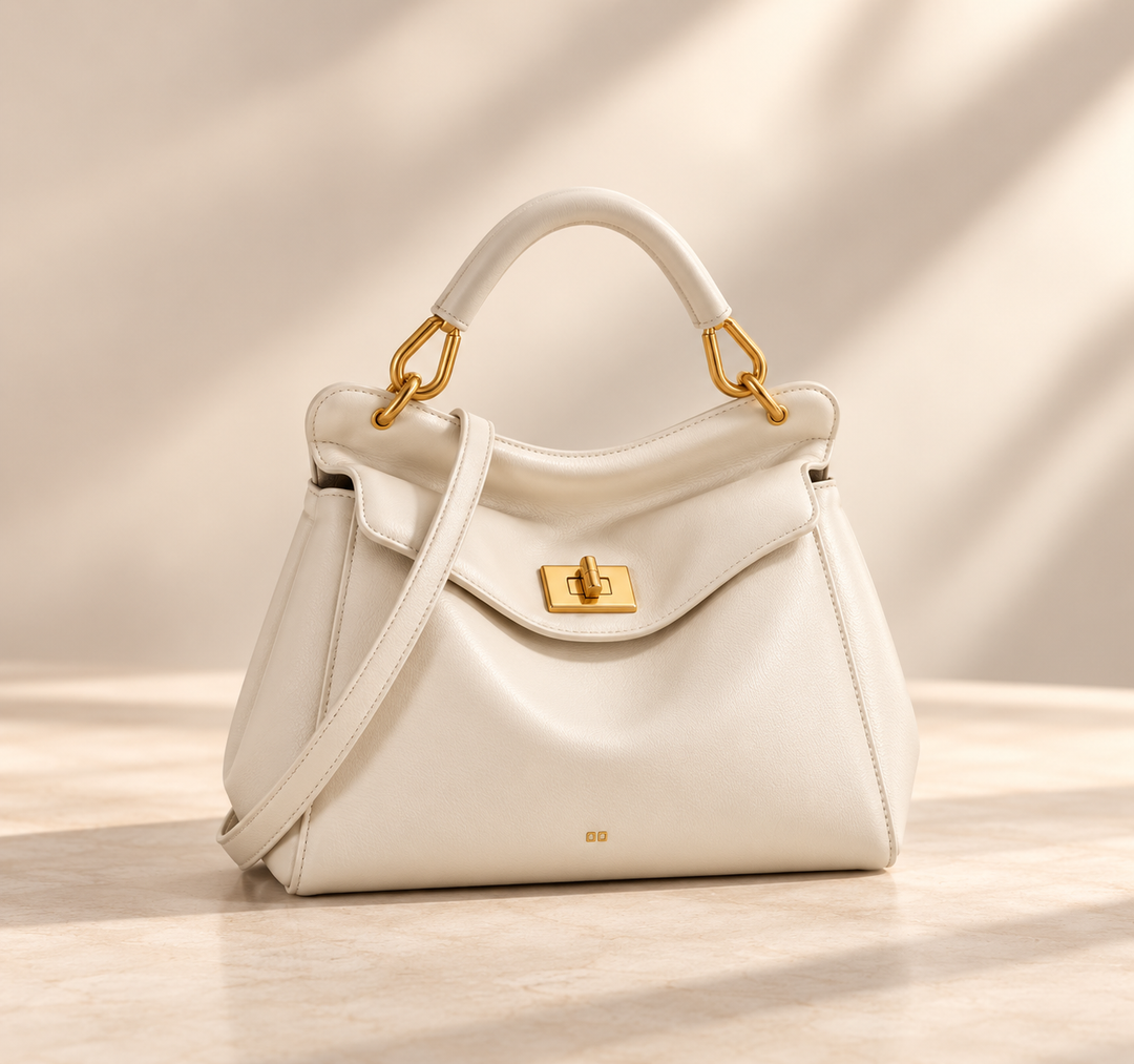 Sac crème en cuir lisse avec poignée arquée, fermoir doré et bandoulière, sur fond clair 6