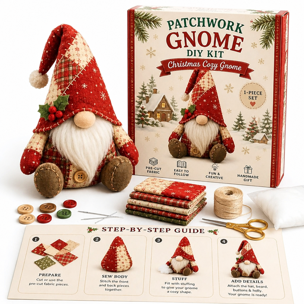 Nain patchwork rouge de Noël avec pompon et houx, boîte du kit, tissus à carreaux, boutons, ciseaux et guide 13