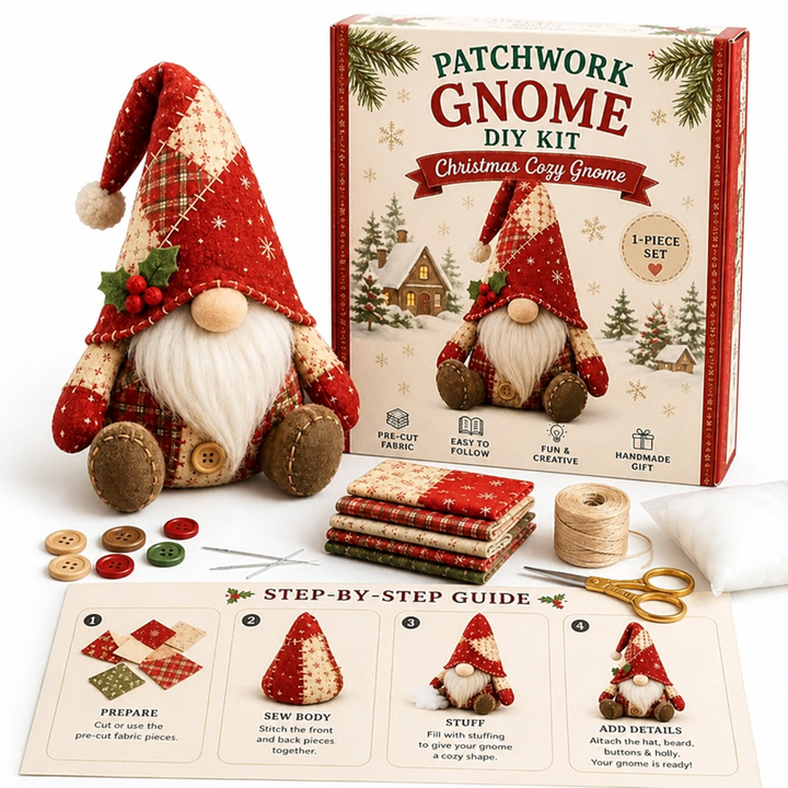 Nain patchwork rouge de Noël avec pompon et houx, boîte du kit, tissus à carreaux, boutons, ciseaux et guide 13