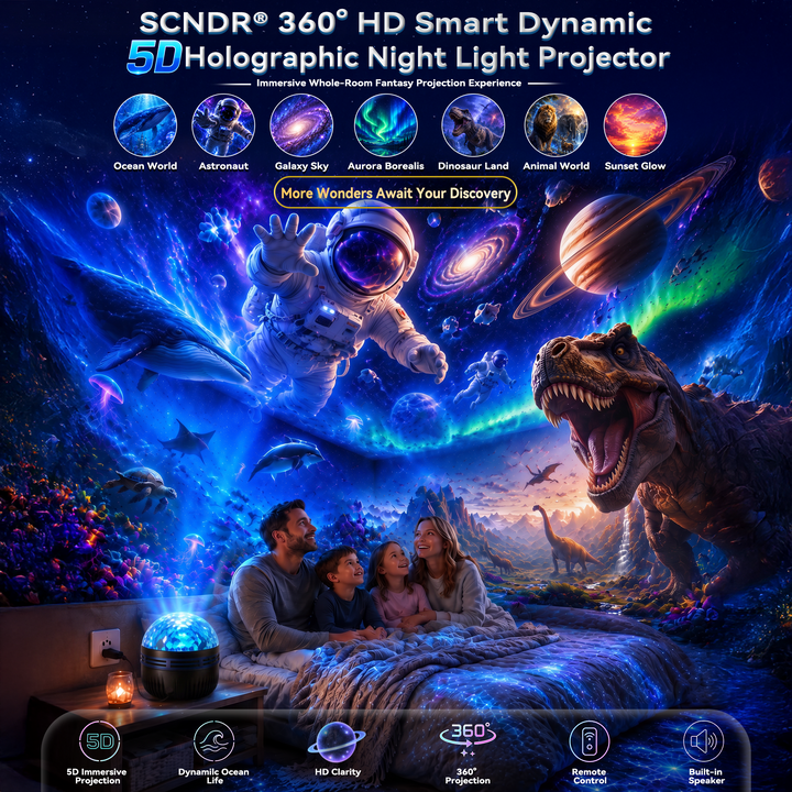 Famille allongée sur un lit sous un plafond et des murs couverts de baleine, astronaute, planètes et dinosaure projetés par le dôme lumineux. 1