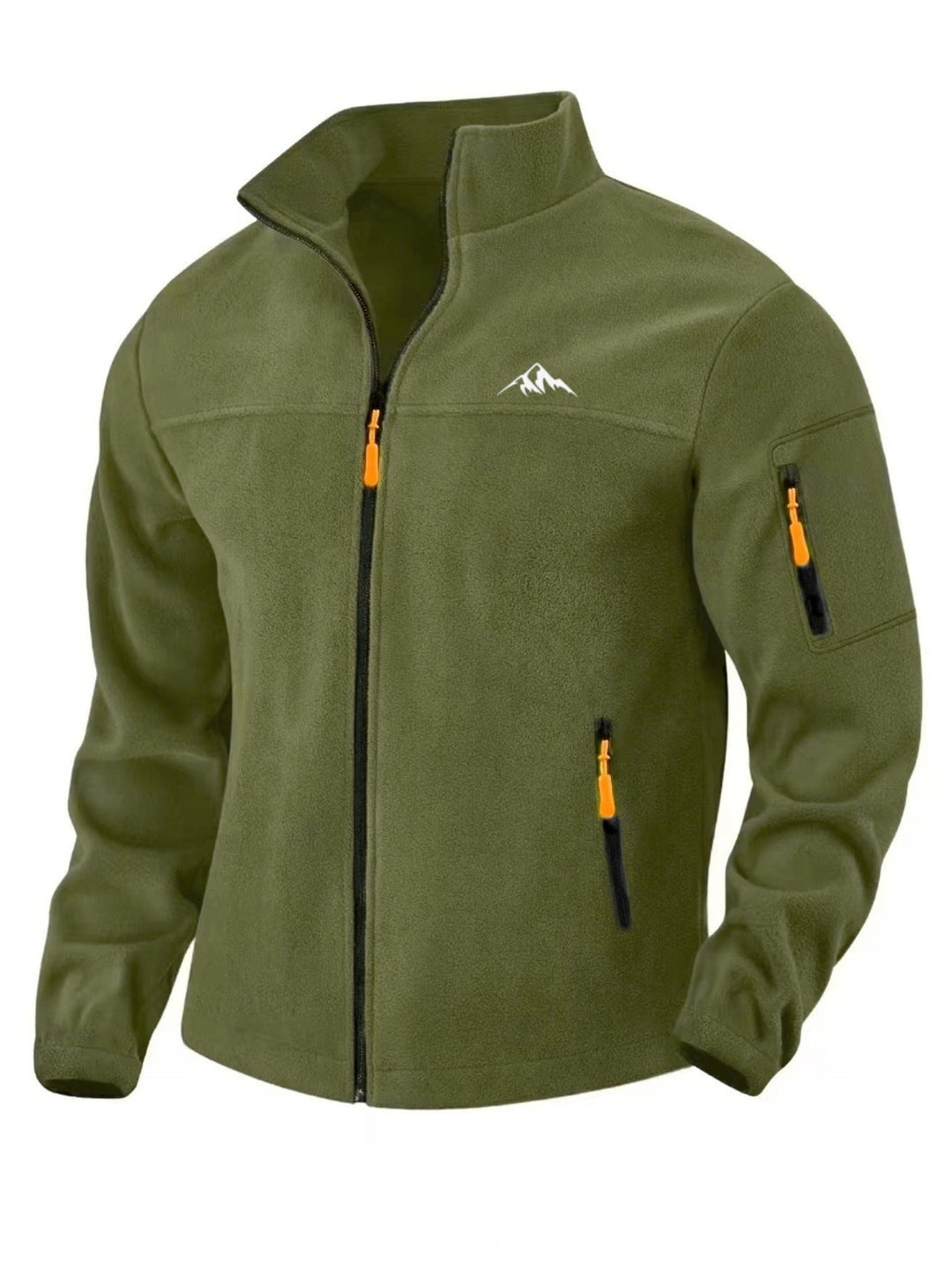 Vue de face en trois quarts de la veste polaire vert kaki, zip noir et tirettes orange 5