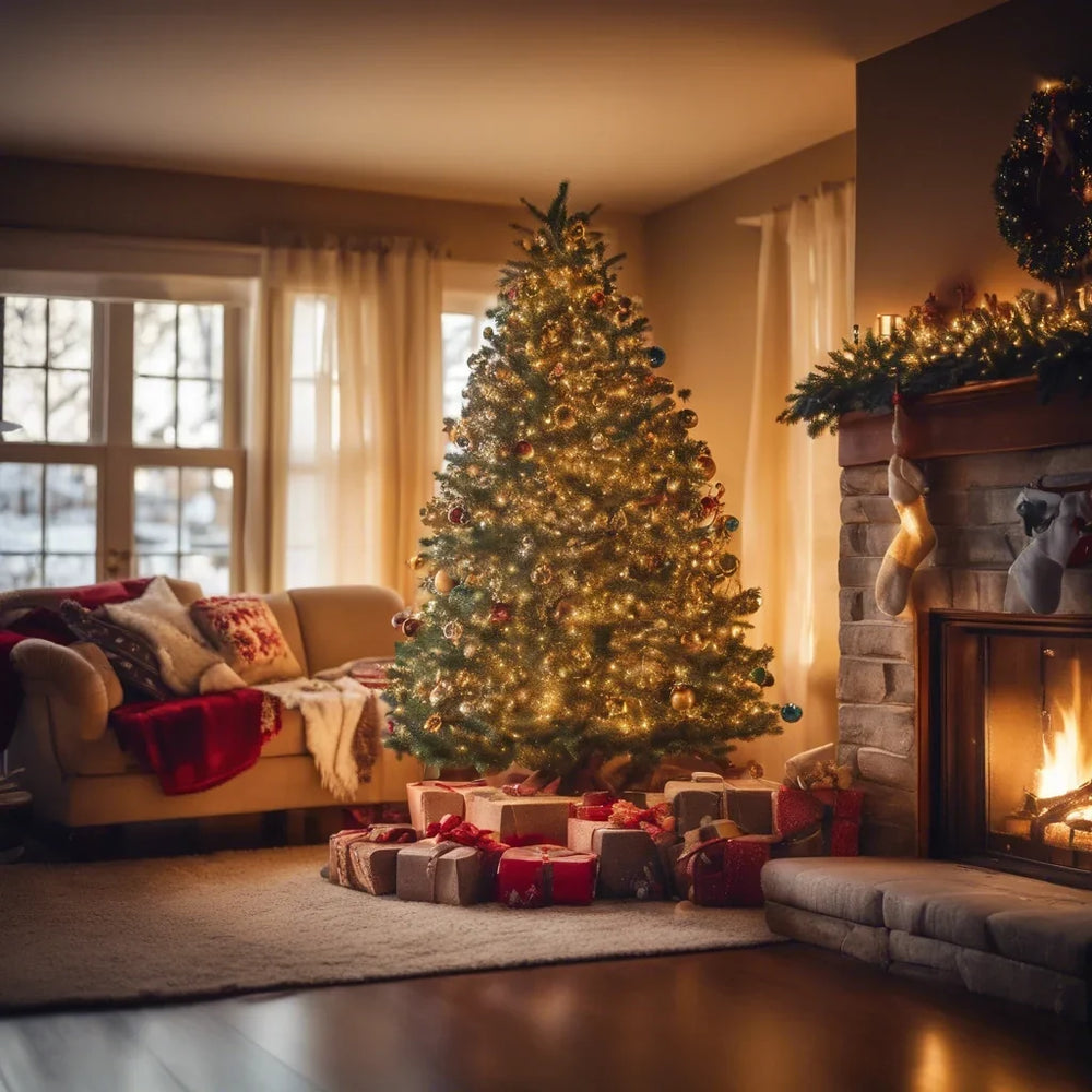 Sapin de Noël garni de boules et de guirlandes lumineuses dorées dans un salon chaleureux, près d'une cheminée allumée. 2