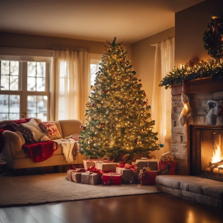 Sapin de Noël garni de boules et de guirlandes lumineuses dorées dans un salon chaleureux, près d'une cheminée allumée. 2