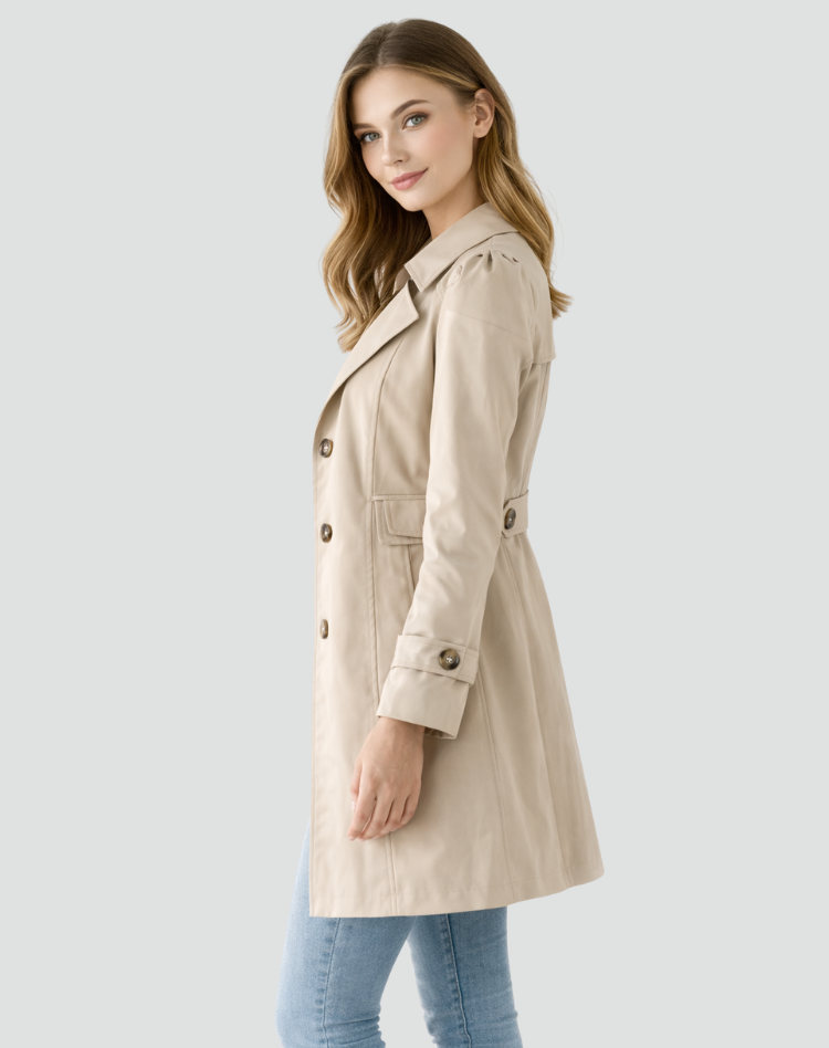 Vue de profil du trench beige porté par une femme, montrant la manche, la poche à rabat et la coupe évasée. 6