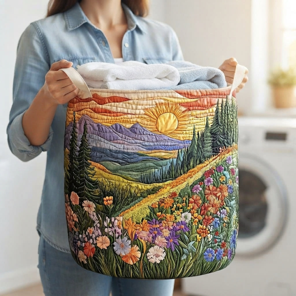 Une femme en chemise en jean porte le panier par ses poignées en tissu, rempli de serviettes, devant un lave-linge. 3
