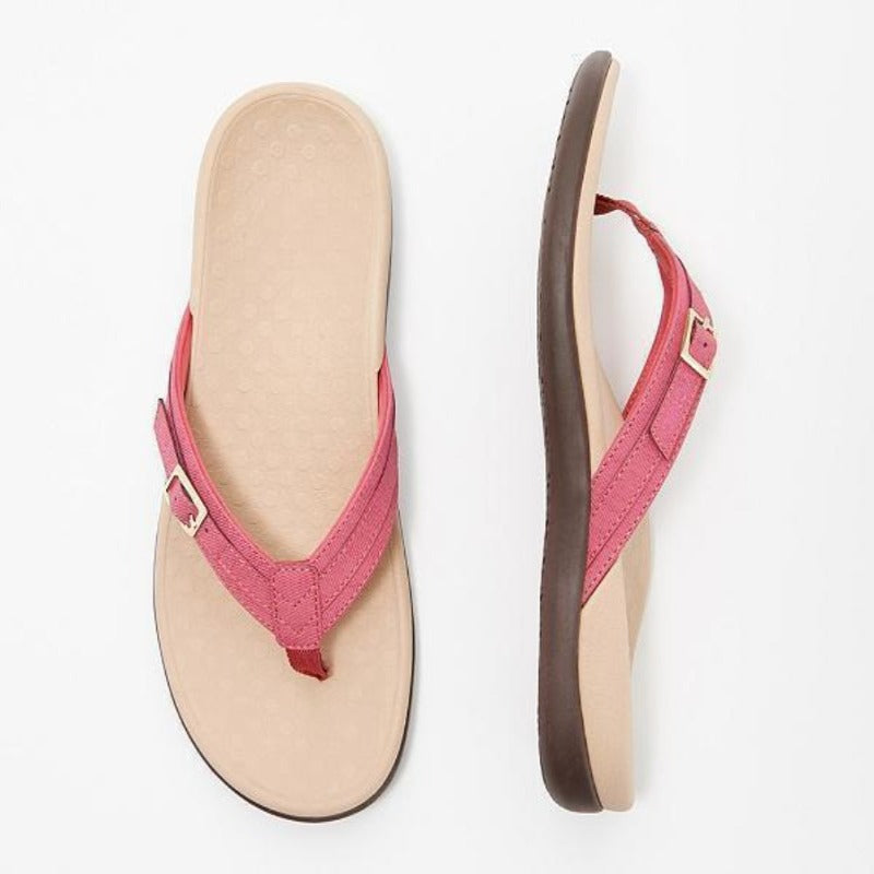 Paire de tongs roses à boucle dorée, vue de dessus et de profil 6